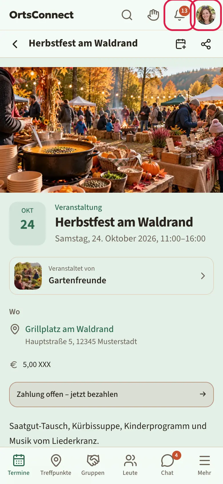 obere Kopfzeile einer Termin-Seite: Logo links, Lupe, Glocke mit Zahl 3, Avatar-Kreis rechts; darunter der Seitenkopf mit Zurück-Pfeil, Titel und den Symbolen für Teilen und weitere Aktionen; Logo, Glocke und Avatar markiert