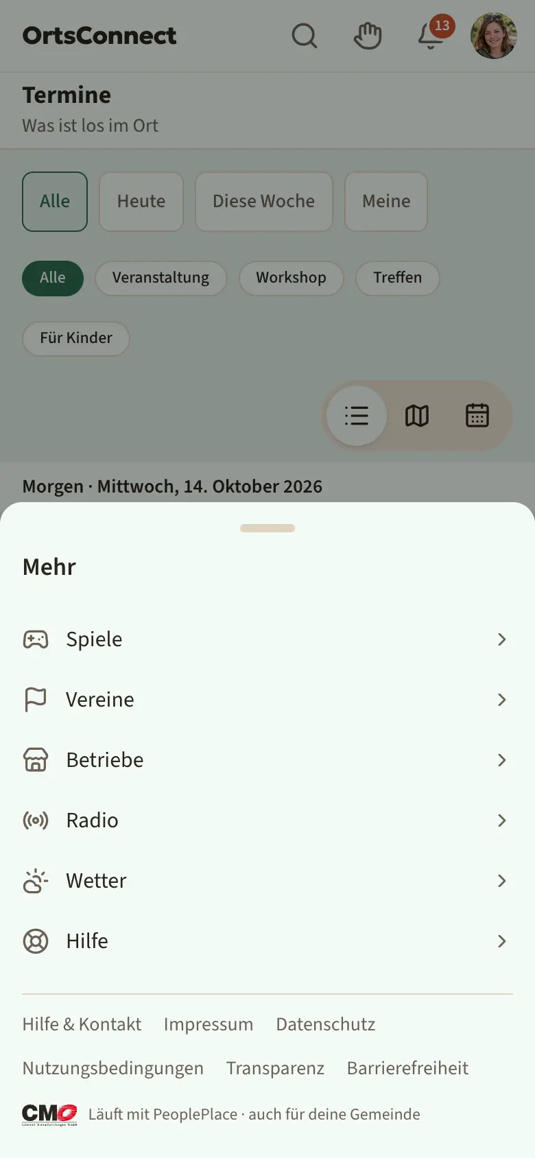 untere Leiste mit Termine, Treffpunkte, Gruppen, Leute, Chat, Mehr; „Termine“ ist aktiv hervorgehoben, am Chat-Symbol eine Zahl 2; daneben das geöffnete Fenster „Mehr“ mit Vereine, Betriebe und Hilfe, darunter die Zeile mit Hilfe & Kontakt, Impressum, Datenschutz usw.
