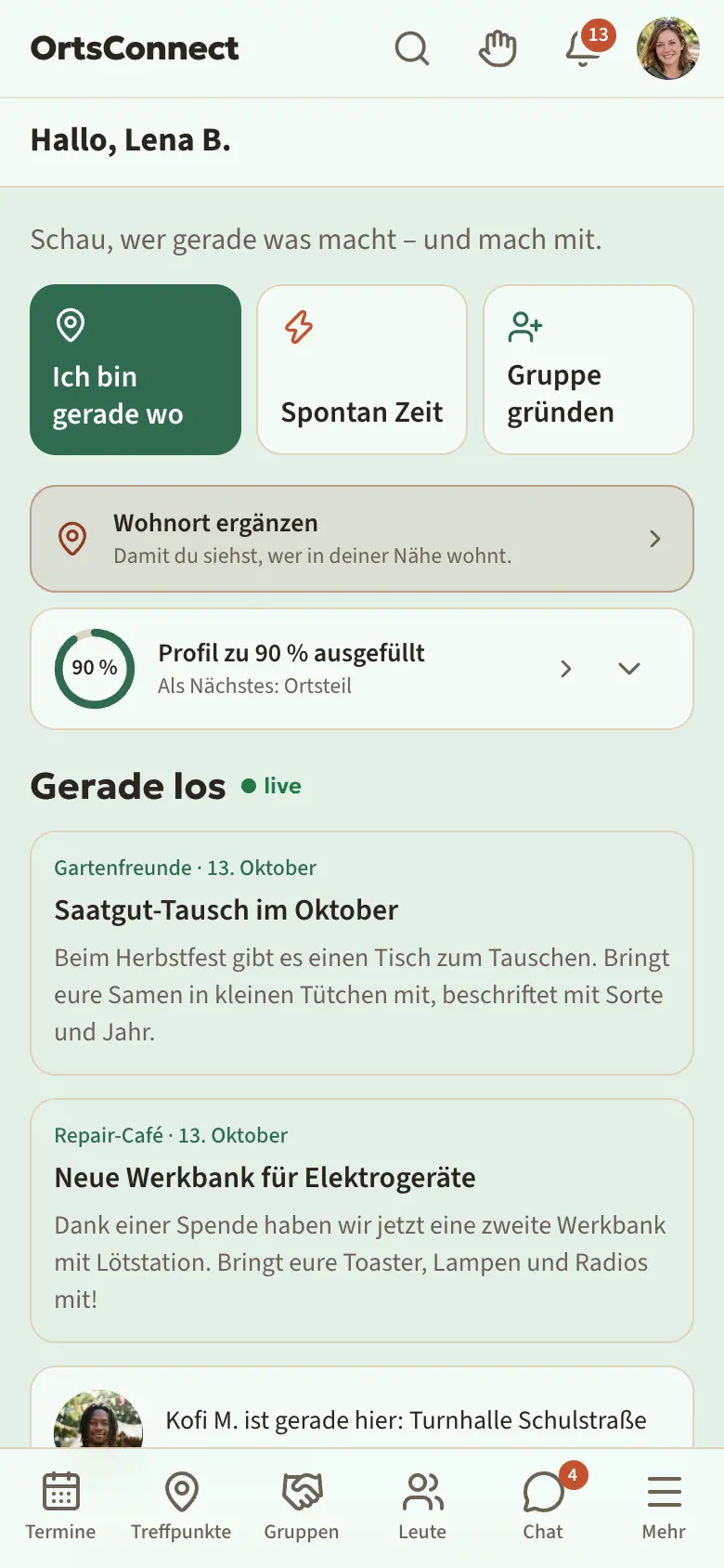 Start-Bereich mit „Hallo, Anna M.“ und rechts daneben dem grünen Punkt „online 12 / 30“, darunter die drei Knöpfe „Ich bin gerade wo“, „Spontan Zeit“, „Gruppe gründen“, die Kachel mit dem Profil-Ring „Profil zu 70 % ausgefüllt“ und der Anfang von „Gerade los“