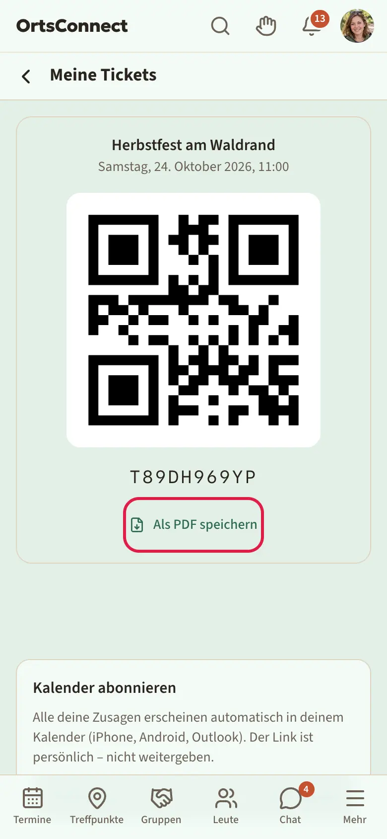 Seite „Meine Tickets“ mit einem Termin, großem QR-Code auf weißem Grund, darunter der Knopf „Als PDF speichern“ markiert