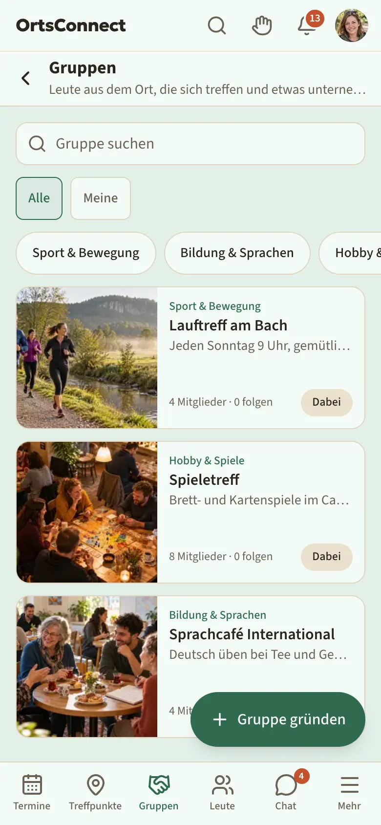 Bereich „Gruppen“ mit Suchfeld „Gruppe suchen“, den Reitern Alle und Meine, darunter die Bereiche als Auswahlknöpfe, eine Liste von Gruppenkarten und unten rechts der Knopf „Gruppe gründen“