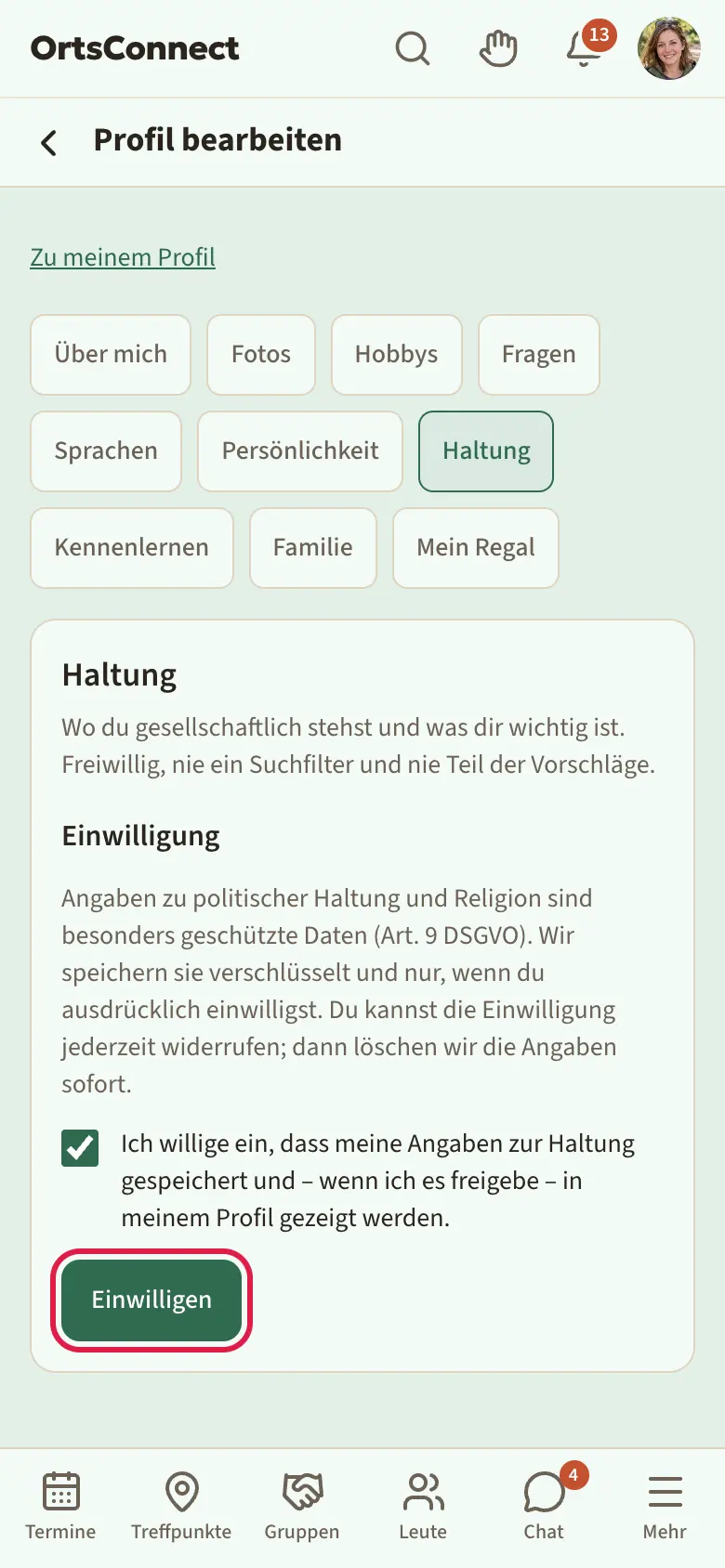Reiter „Haltung“ vor der Einwilligung: Überschrift „Einwilligung“, Erklärtext zu Art. 9 DSGVO, gesetztes Häkchen „Ich willige ein …“ und der Knopf „Einwilligen“ markiert