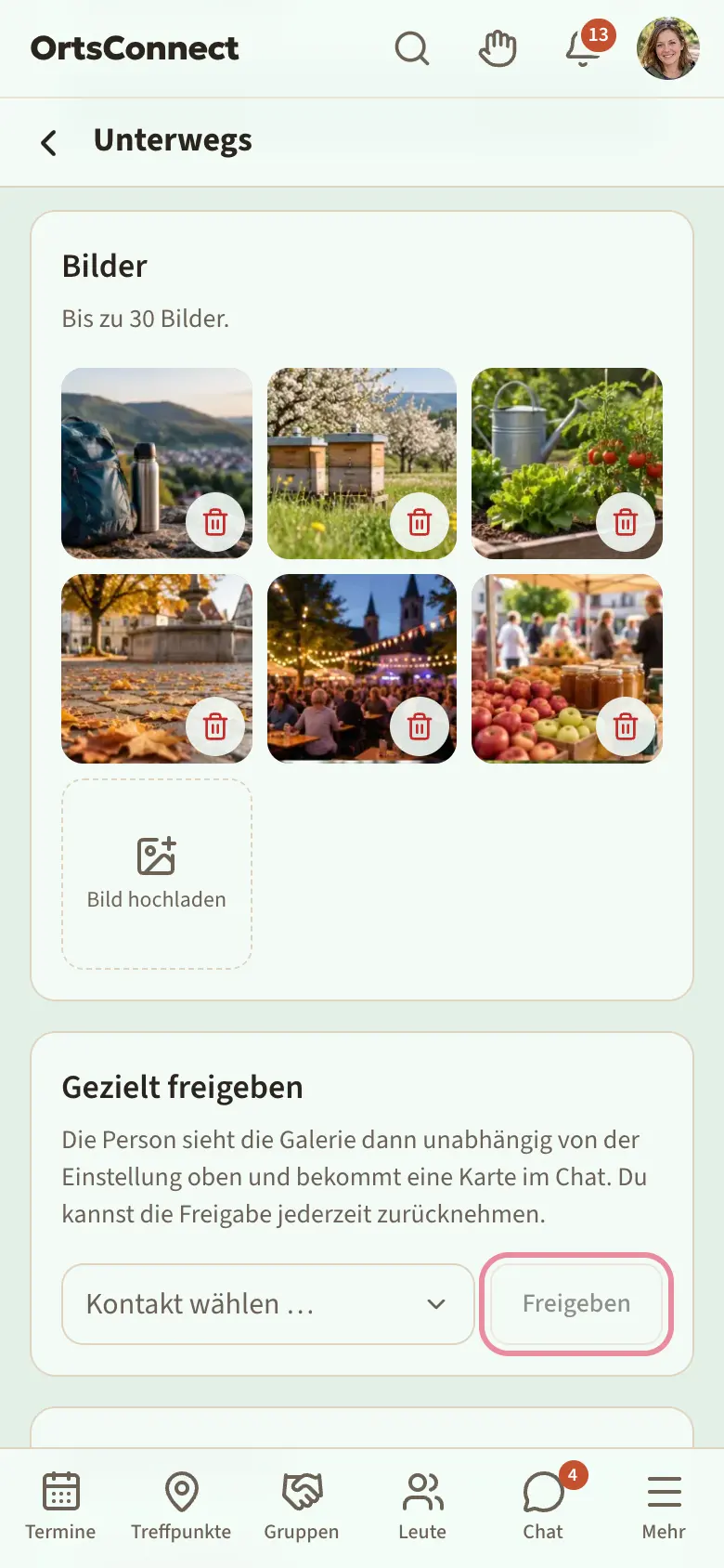 Seite einer eigenen Galerie am Handy, bis „Bilder“ gescrollt: sechs Bilder mit Papierkorb und das Feld „Bild hochladen“, darunter „Gezielt freigeben“ mit „Kontakt wählen …“ und dem Knopf „Freigeben“ markiert