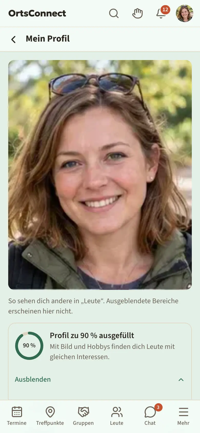 Mein Profil (/profil) am Handy: der Ring „Profil zu 70 % ausgefüllt“, aufgeklappt „Was fehlt noch?“ mit den Zeilen Profilbild, Hobbys, Über mich, Ortsteil, Was ich suche, Weitere Fotos, Sprachen und Punkten wie „20 / 20“
