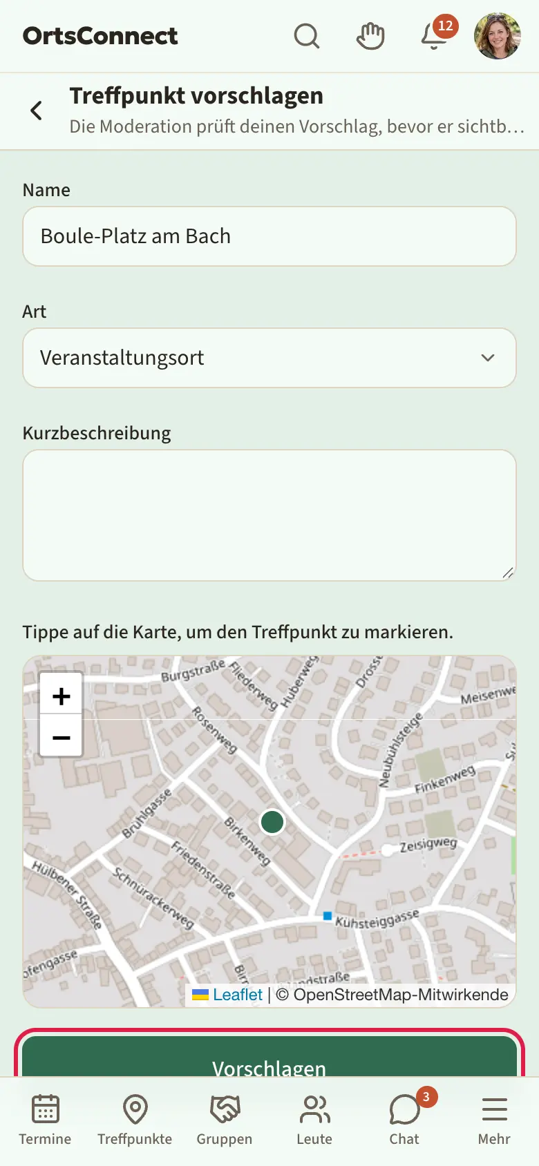 Seite „Treffpunkt vorschlagen“ ausgefüllt, Karte mit gesetzter Markierung, Feld „Für Organisation“ und Knopf „Vorschlagen“ markiert