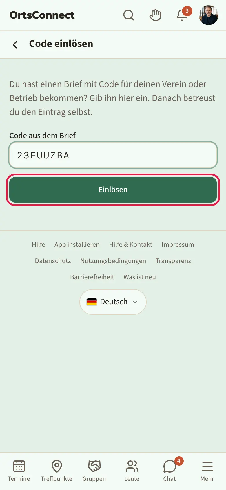 Seite „Code einlösen“, Feld „Code aus dem Brief“ mit eingegebenem Code, Knopf „Einlösen“ markiert