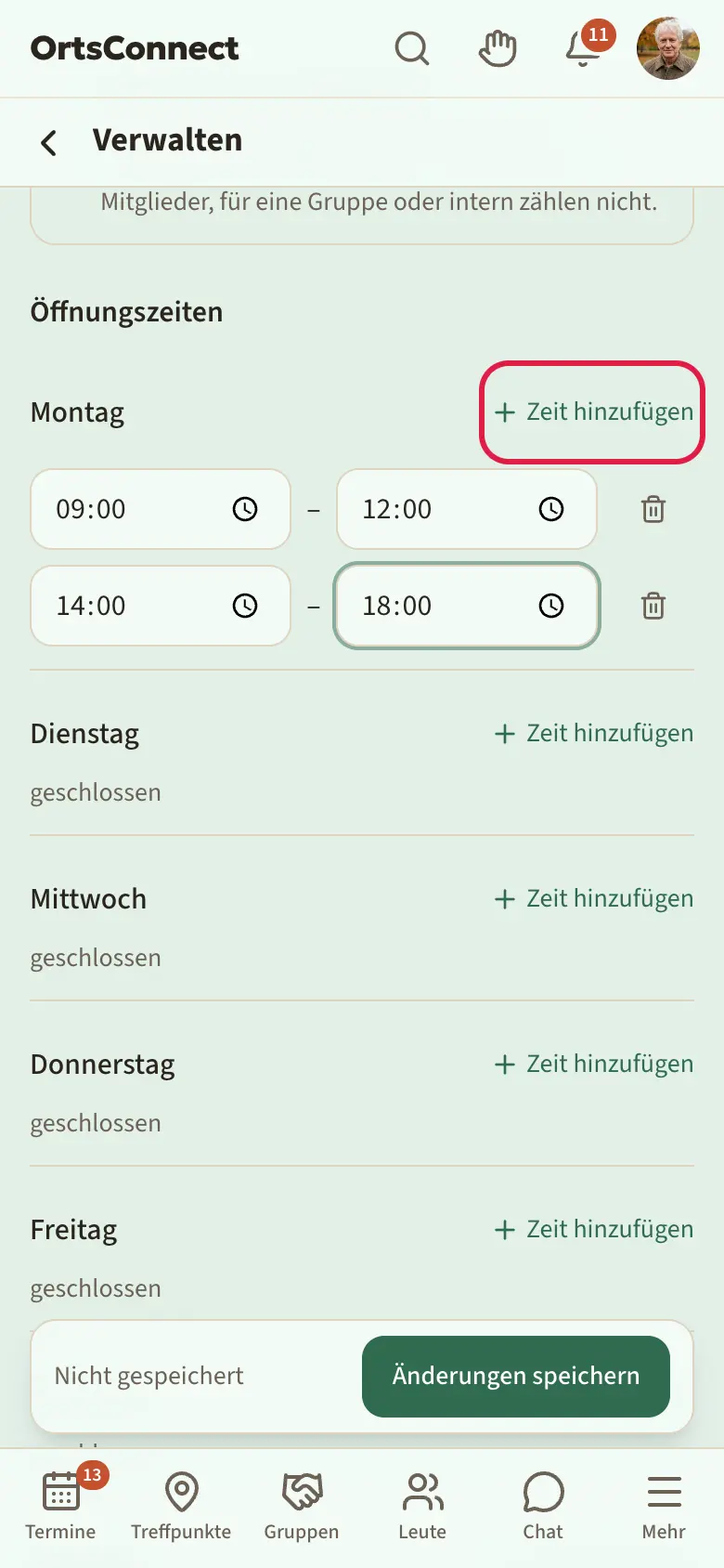 Verwaltung › Zeiten, Montag mit zwei Zeitspannen (Vormittag und Nachmittag), Sonntag „geschlossen“, Knopf „Zeit hinzufügen“ markiert