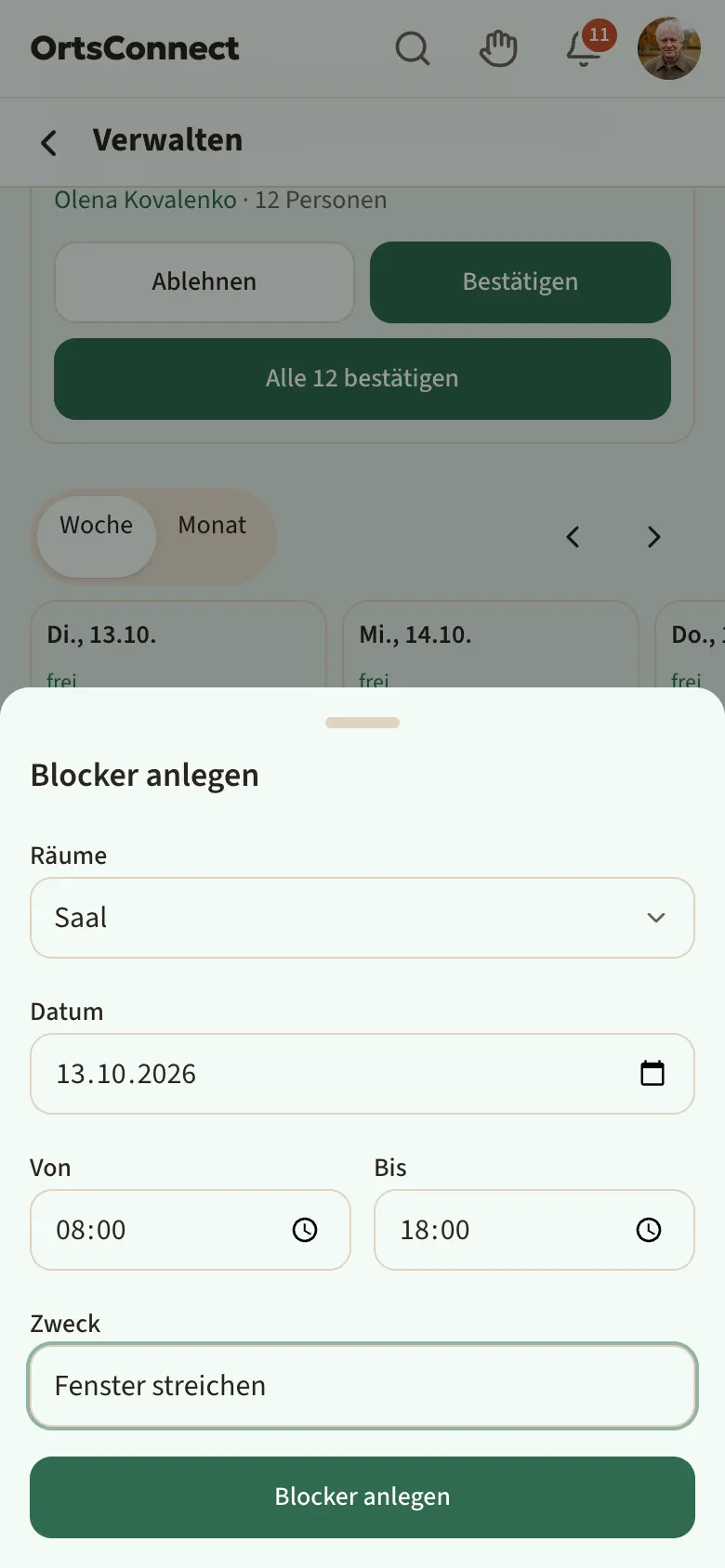 geöffnetes Fenster „Blocker anlegen“ mit Raum, Datum, Von, Bis und Zweck ausgefüllt