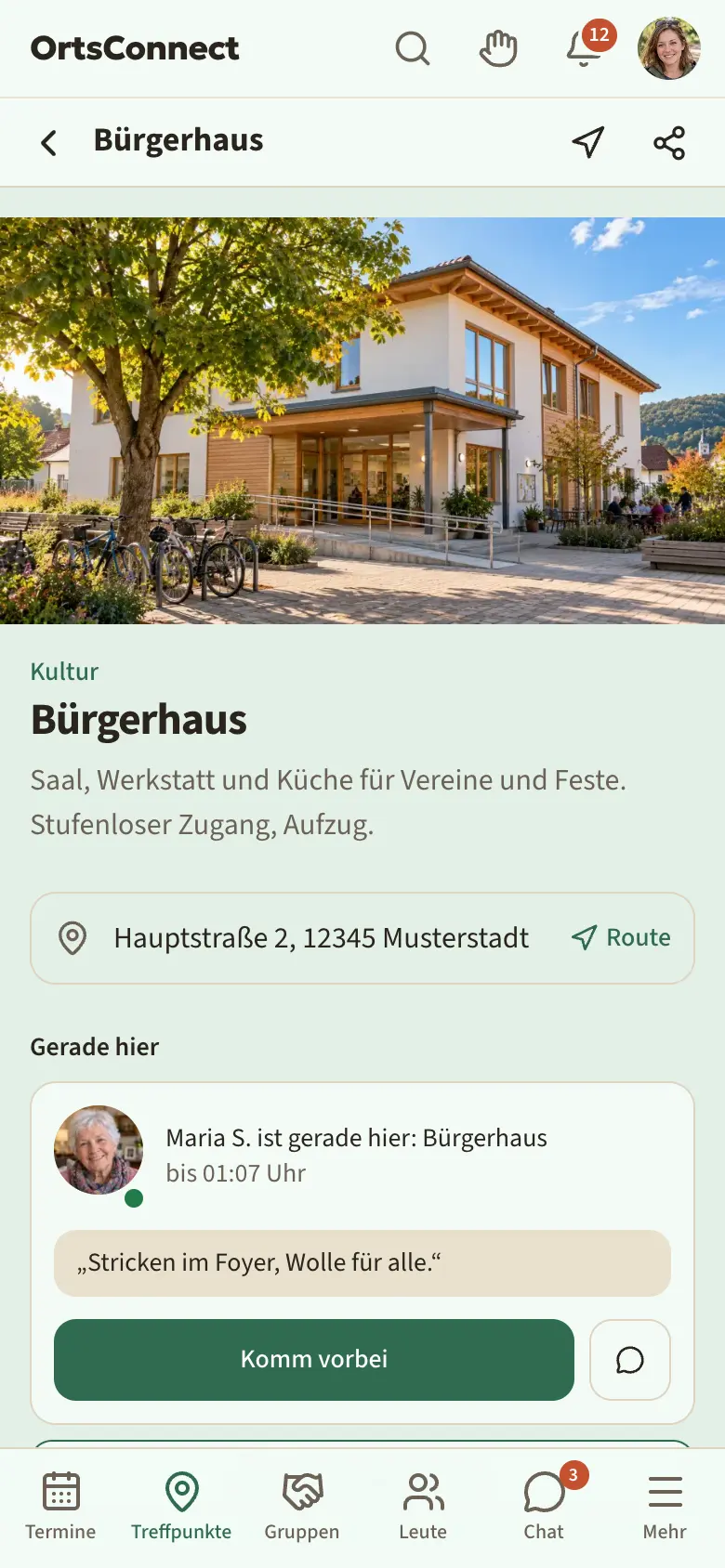 öffentliche Seite eines Treffpunkts mit Titelbild, Hinweis „Gerade hier: … bis … Uhr“ und Abschnitt „Was findet hier statt“ mit zwei Terminen, darunter Öffnungszeiten
