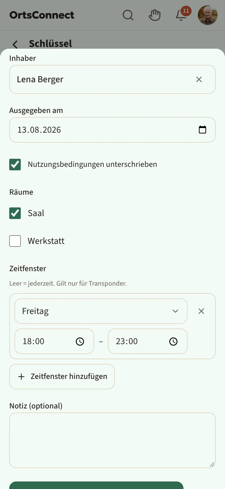 Fenster „Schlüssel bearbeiten“ von „Transponder 2“, bis zu den Räumen gescrollt: Inhaberin, ausgegeben am, Räume (Saal angehakt) und Zeitfenster Freitag 18:00–23:00