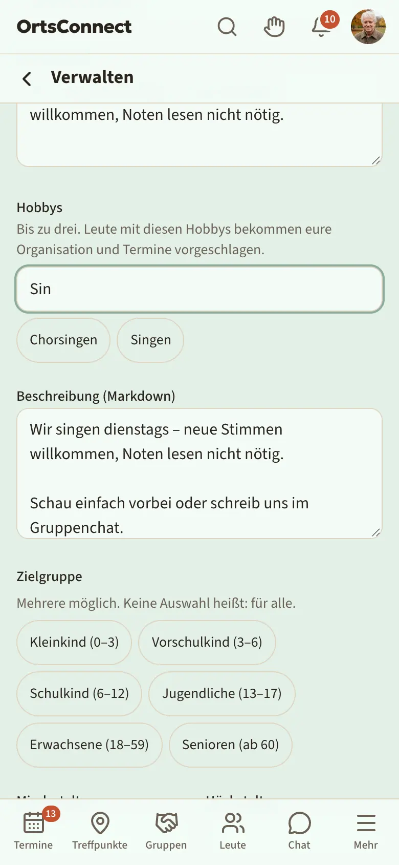 Einstellungen, Bereich „Hobbys“ mit zwei gewählten Hobbys als grüne Knöpfe und dem Suchfeld darunter