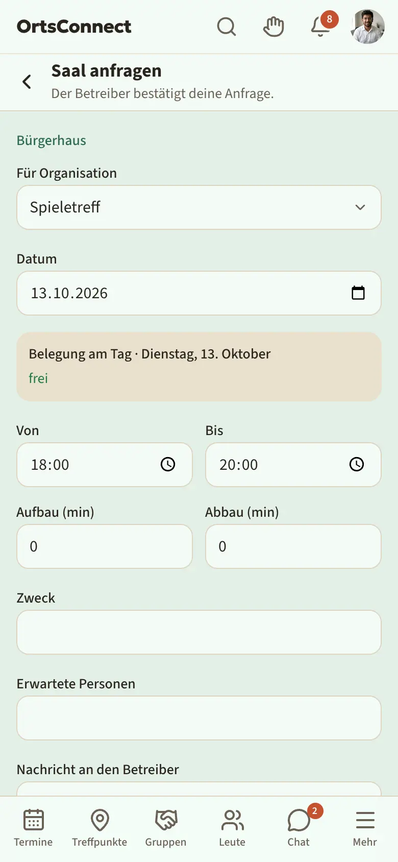 Seite „… anfragen“ mit Organisation, Datum, Belegung am Tag, Von/Bis, Aufbau/Abbau, Zweck und Knopf „Anfrage senden“