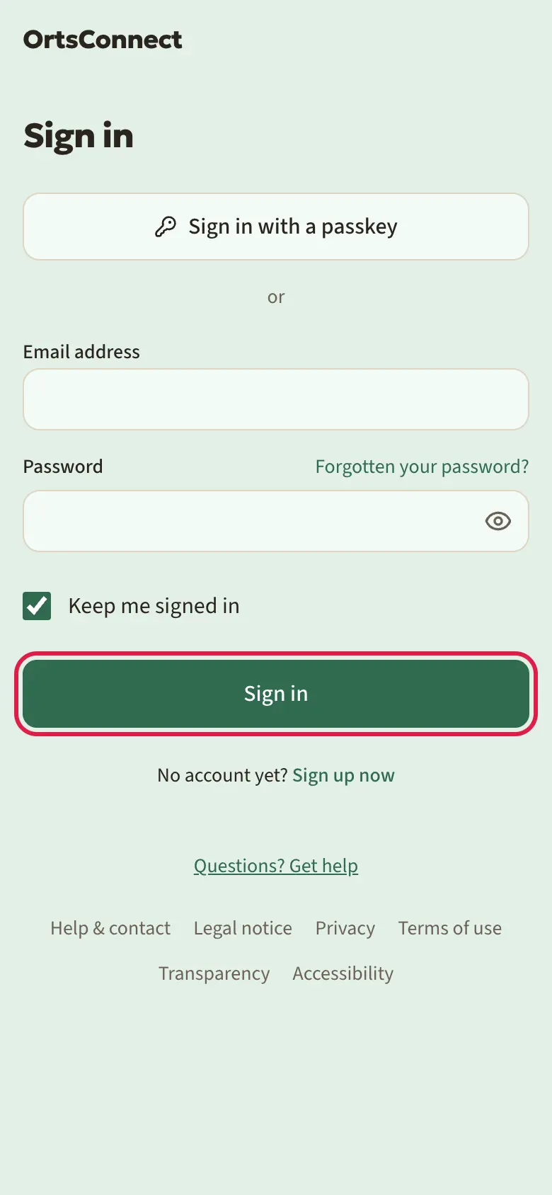‘Sign in’ page with the ‘Sign in with a passkey’ button at the top, below it ‘or’ and the fields for email address and password, ‘Sign in’ button highlighted