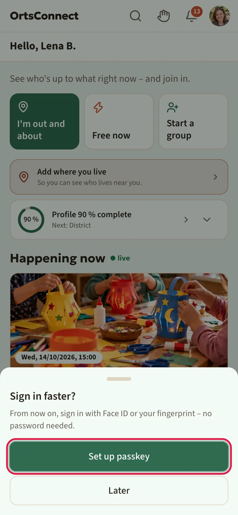 ‘Sign in faster?’ pop-up over the home page, with the buttons ‘Set up passkey’ (highlighted) and ‘Later’