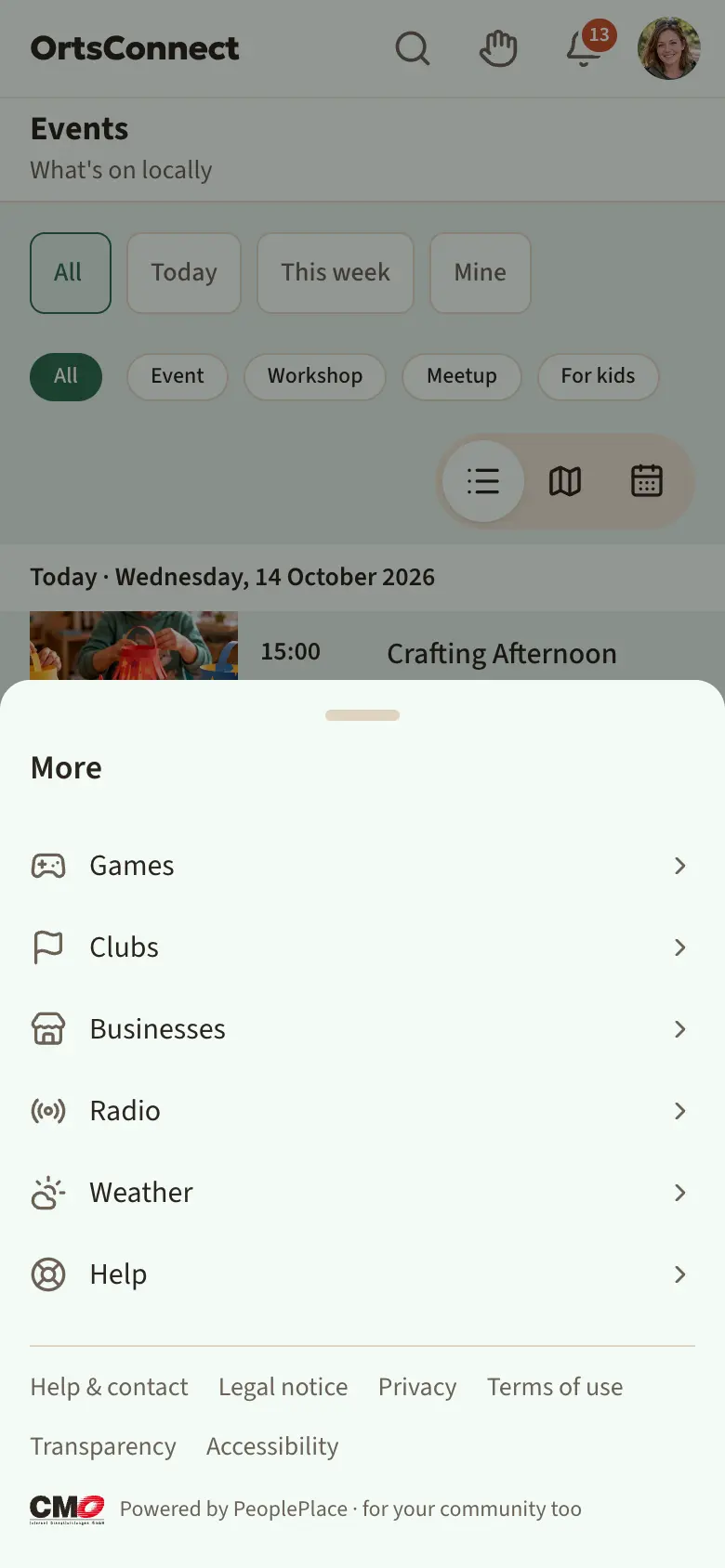 bottom bar with Events, Places, Groups, People, Chat, More; ‘Events’ is highlighted as active, a number 2 on the chat symbol; next to it the opened ‘More’ window with Clubs, Businesses and Help, below that the row with Help & contact, Legal notice, Privacy etc.