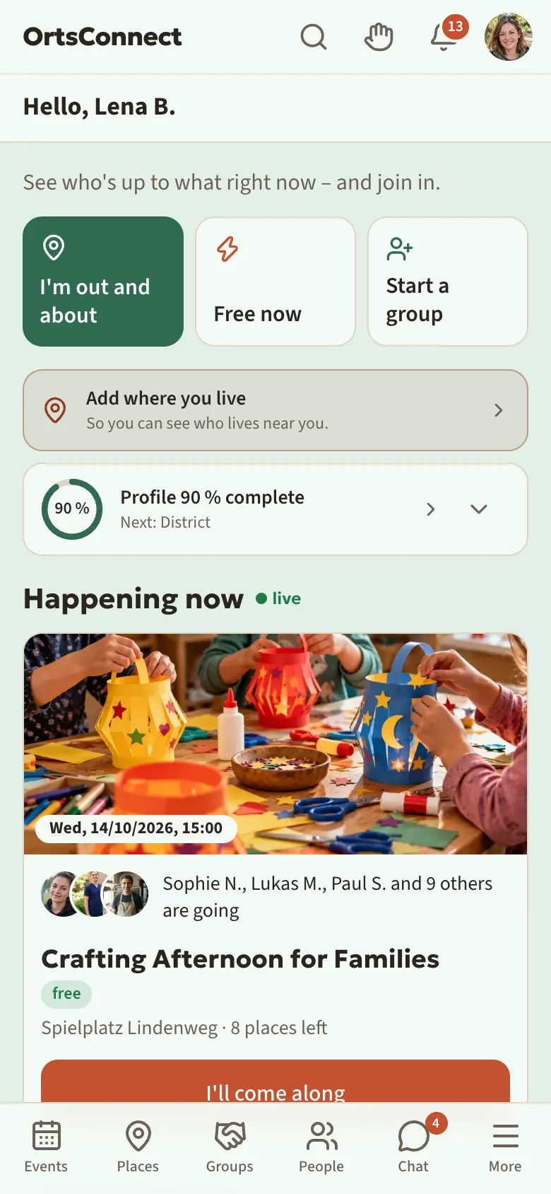 Home section with ‘Hello, Anna M.’ and the green dot ‘online 12 / 30’ to its right, below it the three buttons ‘I'm out and about’, ‘Free now’, ‘Start a group’, the tile with the profile ring ‘Profile 70 % complete’ and the start of ‘Happening now’