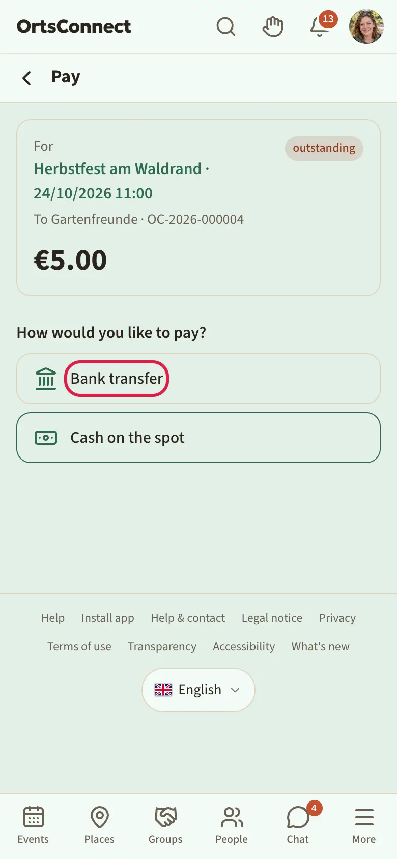 ‘Pay’ page with ‘How would you like to pay?’ and the three options Cash on the spot, Bank transfer, PayPal; ‘Bank transfer’ is highlighted