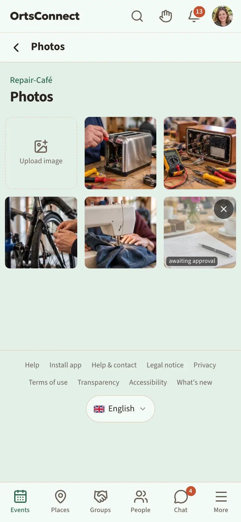 ‘Photos’ page of an event with a photo grid, the ‘Upload image’ field highlighted at the top left, one photo with the note ‘awaiting approval’