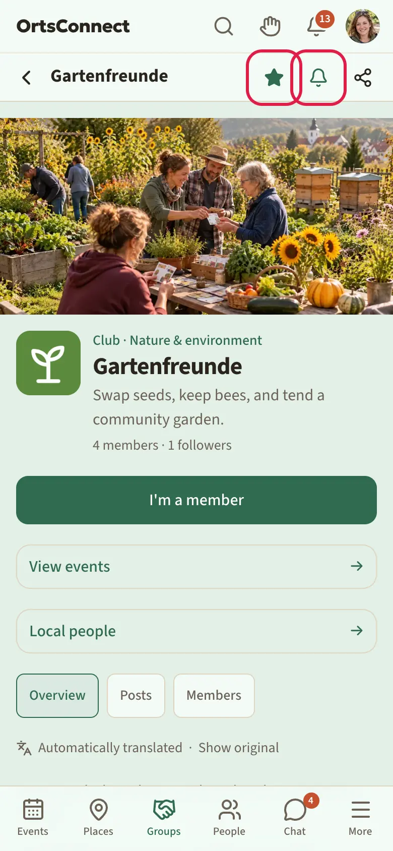 an organisation's page, at the top of the page header the filled star and the bell next to it highlighted, below them the cover photo and name of the organisation