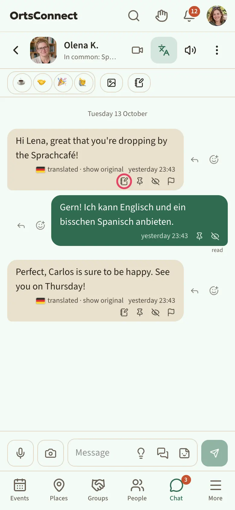 someone else's message in a direct chat: next to the bubble the arrow for replying and the ⊕ for reacting, below it the time line with ‘Add to my notes · Pin · Delete for me · Report’; at the top the ‘Pinned’ bar with a pinned message