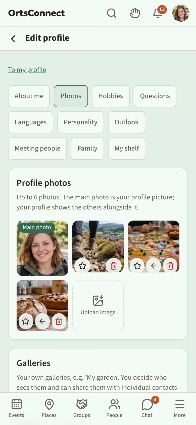 My profile › Edit profile › ‘Photos’ tab on a phone: ‘Profile photos’ section with the main photo (‘Main photo’ label) and three further photos, each with star, arrow (except the first) and bin at the bottom; the star on the second photo highlighted; next to it the ‘Upload image’ field