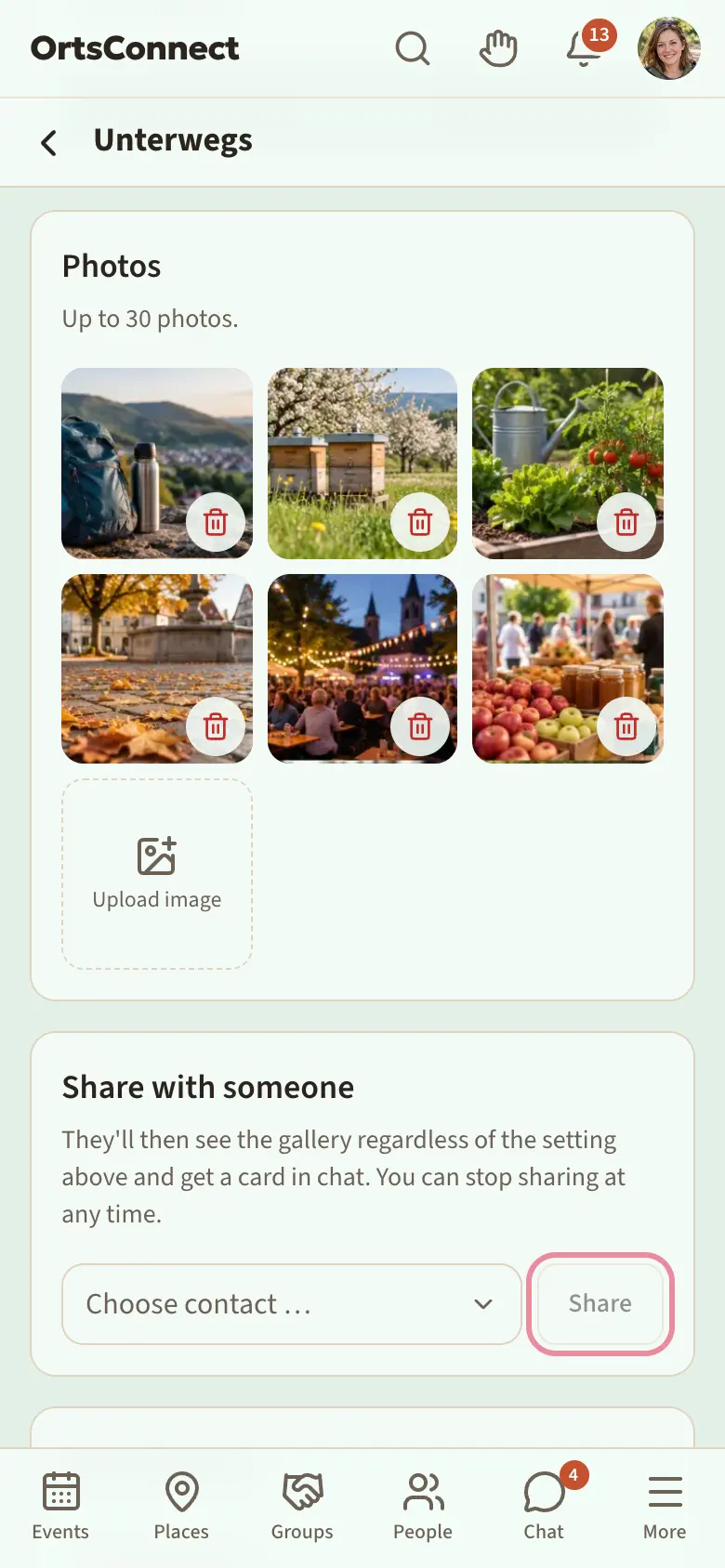 page of your own gallery on a phone, scrolled to ‘Photos’: six photos with a bin and the ‘Upload image’ field, below that ‘Share with someone’ with ‘Choose contact …’ and the ‘Share’ button highlighted
