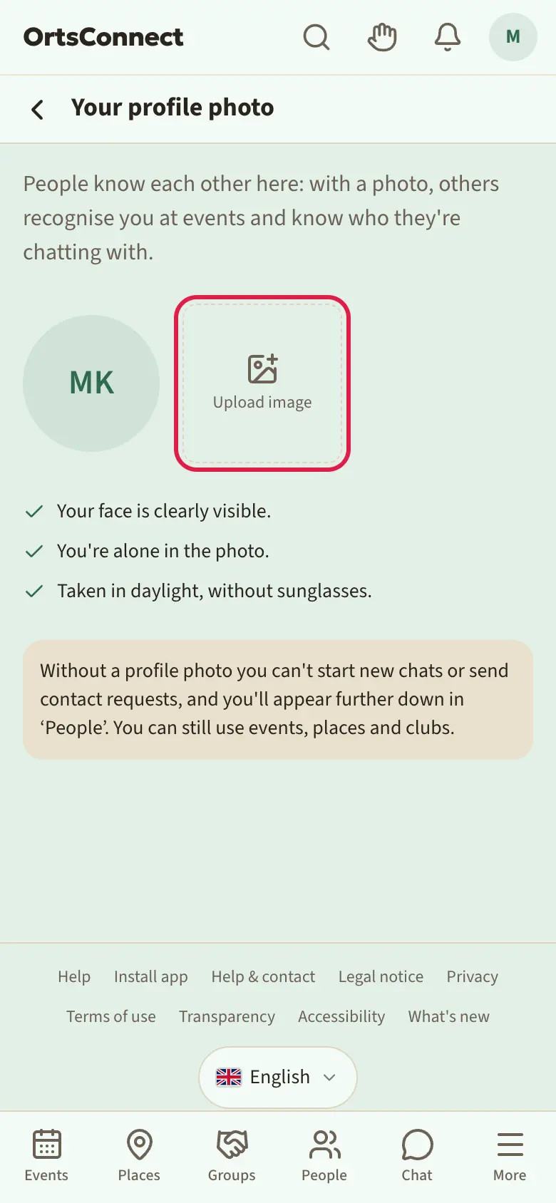 ‘Your profile photo’ page with an empty photo, ‘Upload image’ field highlighted, below it the three tips and the note on what you can't do without a photo