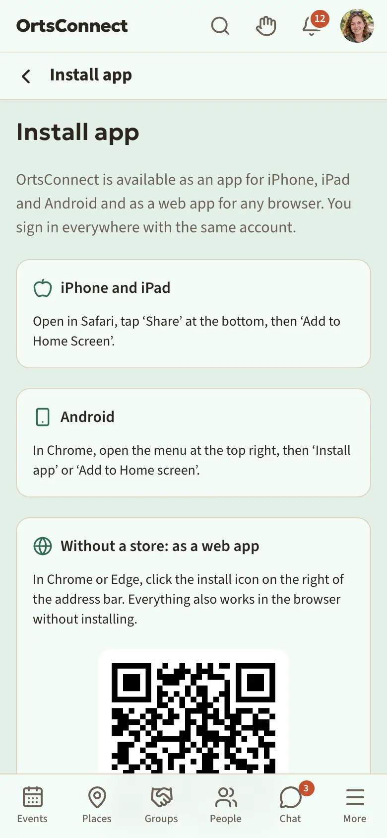 ‘Install app’ page (/de/app-installieren) on a phone: the introduction at the top, below it ‘For your device’ with the store buttons or the instructions, below that ‘Without a store: as a web app’