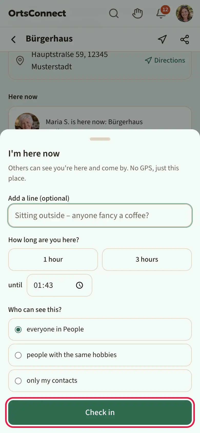 a place's page (e.g. a café) on a phone with the ‘I'm here now’ window open: choice of ‘1 hour’ / ‘3 hours’ and a time, ‘Add a line (optional)’ field, ‘Who can see this?’ and the ‘Check in’ button highlighted