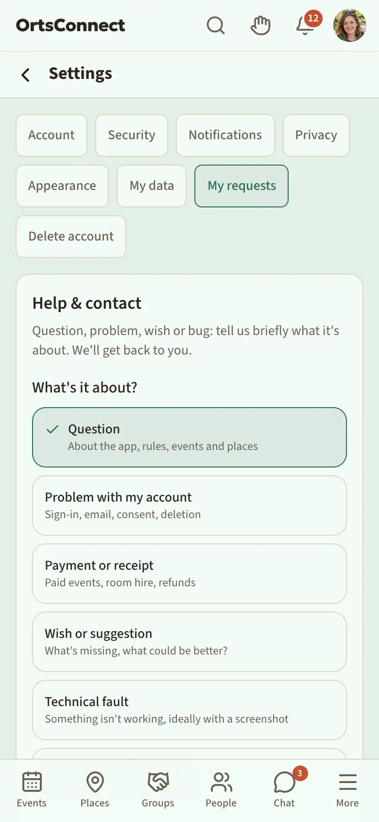 ‘Help & contact’ page (/de/kontakt) on a phone, signed in: ‘What's it about?’ with the six topics (Question selected), the ‘Your message’ field and the ‘Send’ button highlighted