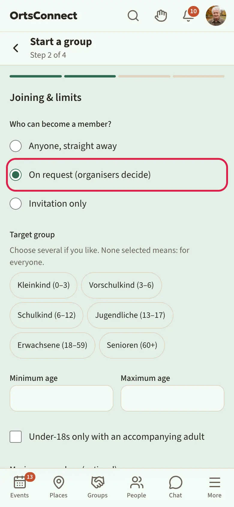 wizard step 2 ‘Joining & limits’ with the three options under ‘Who can become a member?’, ‘On request (organisers decide)’ highlighted