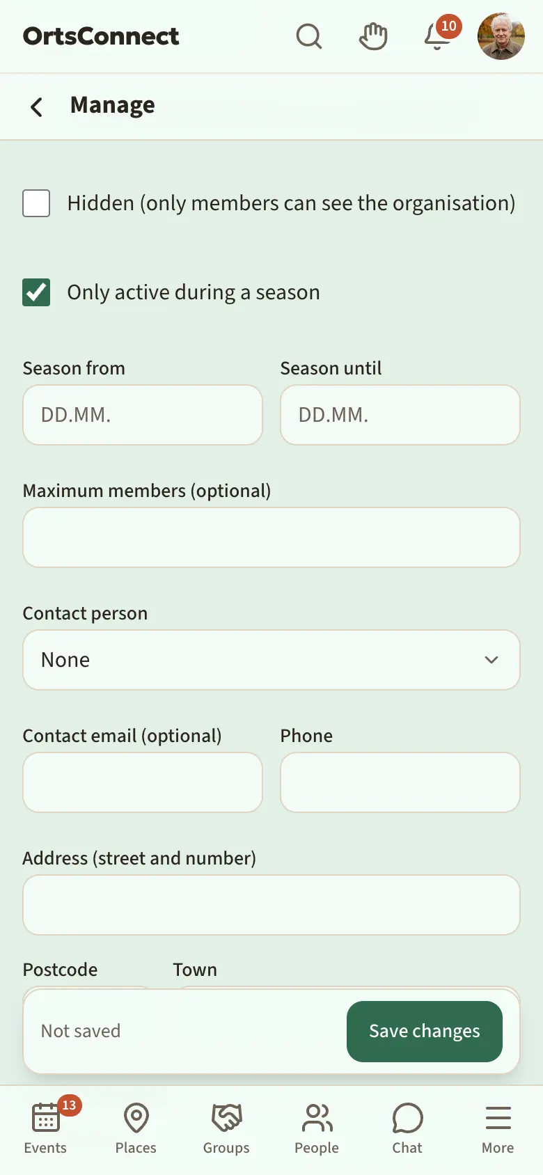 settings with the ‘Only active during a season’ box ticked and the ‘Season from’ and ‘Season until’ fields filled in