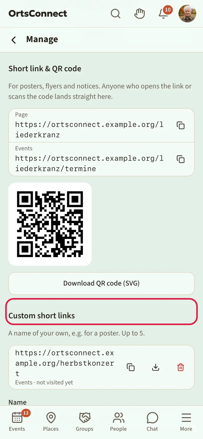 settings, ‘Short link & QR code’ section with Page and Events, QR code, a custom short link ‘herbstkonzert’ and the ‘Create short link’ form