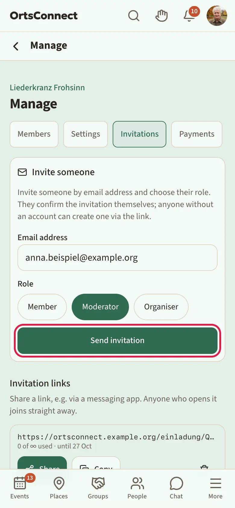 Manage › Invitations: ‘Invite someone’ at the top with email address and role (Member, Moderator, Organiser), below it ‘Invitation links’ with an existing link (uses and expiry date, ‘Share’ and ‘Copy’ buttons) and the ‘Create new link’ form