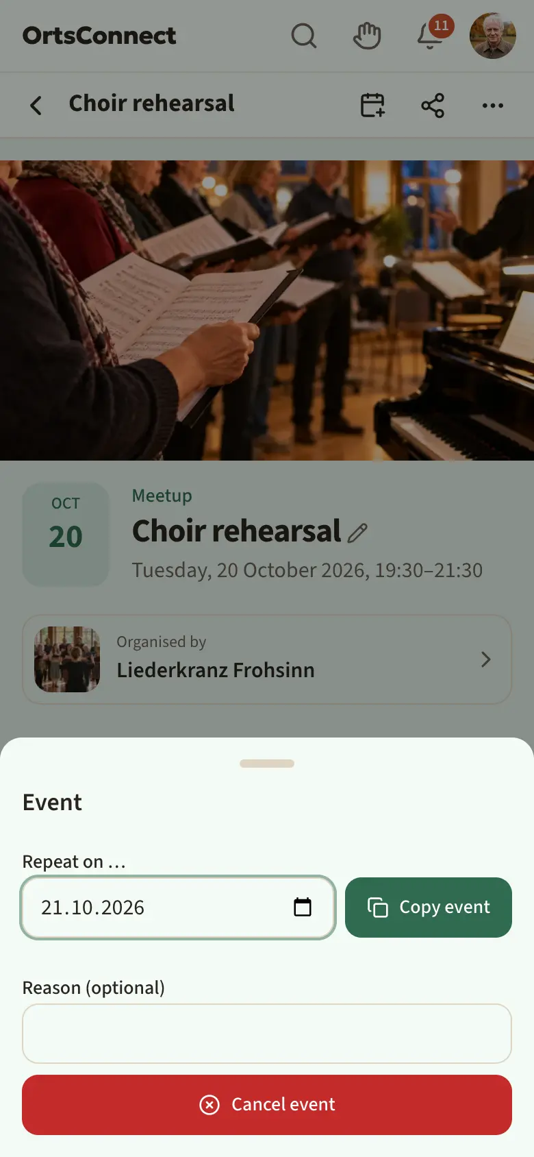 opened ‘Event’ window with the ‘Repeat on …’ section (date, ‘Copy event’ button) and below it the reason field and the red ‘Cancel event’ button