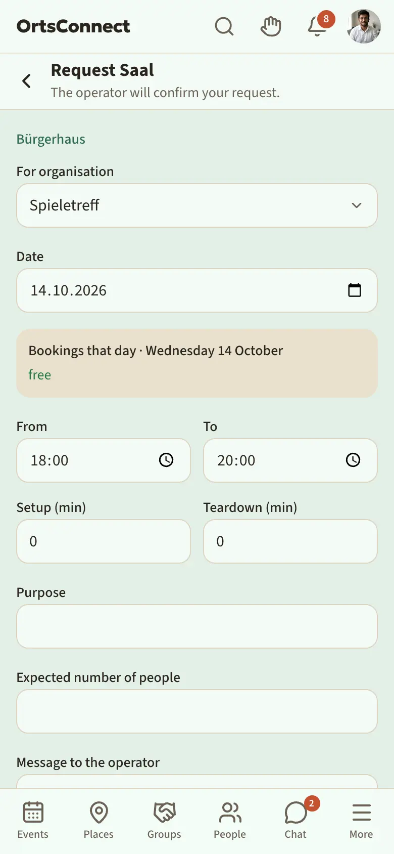 ‘Request …’ page with organisation, date, bookings that day, From/To, setup/teardown, purpose and the ‘Send request’ button