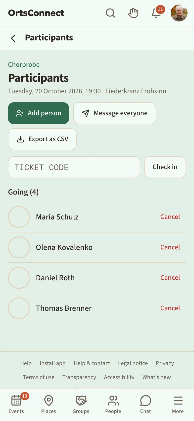 ‘Participants’ page with the buttons ‘Add person’, ‘Message everyone’, ‘Export as CSV’, the ticket code field and the ‘Going’ list with round attendance circles