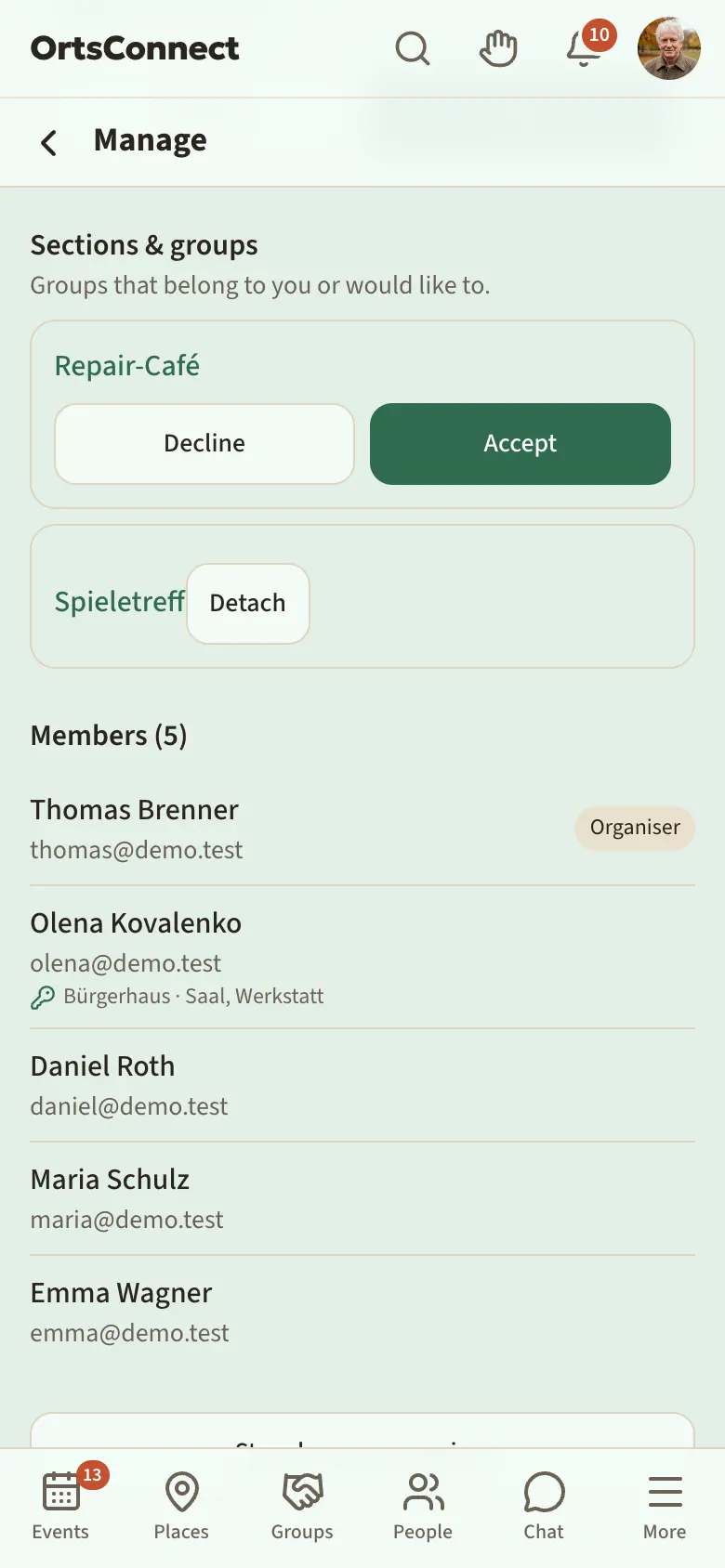 a club's Manage › Members, ‘Sections & groups’ section with one requested group (‘Decline’ and ‘Accept’ buttons) and one confirmed group (‘Detach’ button)