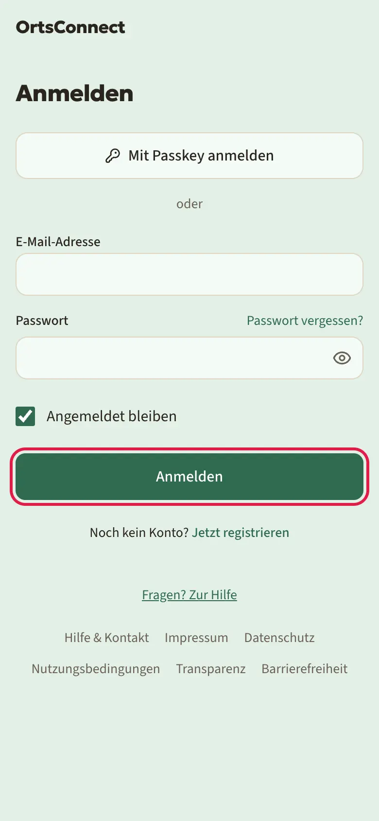 Seite „Anmelden“ mit dem Knopf „Mit Passkey anmelden“ oben, darunter „oder“ und die Felder für E-Mail-Adresse und Passwort, Knopf „Anmelden“ markiert