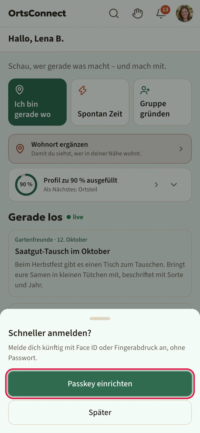 eingeblendetes Fenster „Schneller anmelden?“ über der Startseite, mit den Knöpfen „Passkey einrichten“ (markiert) und „Später“