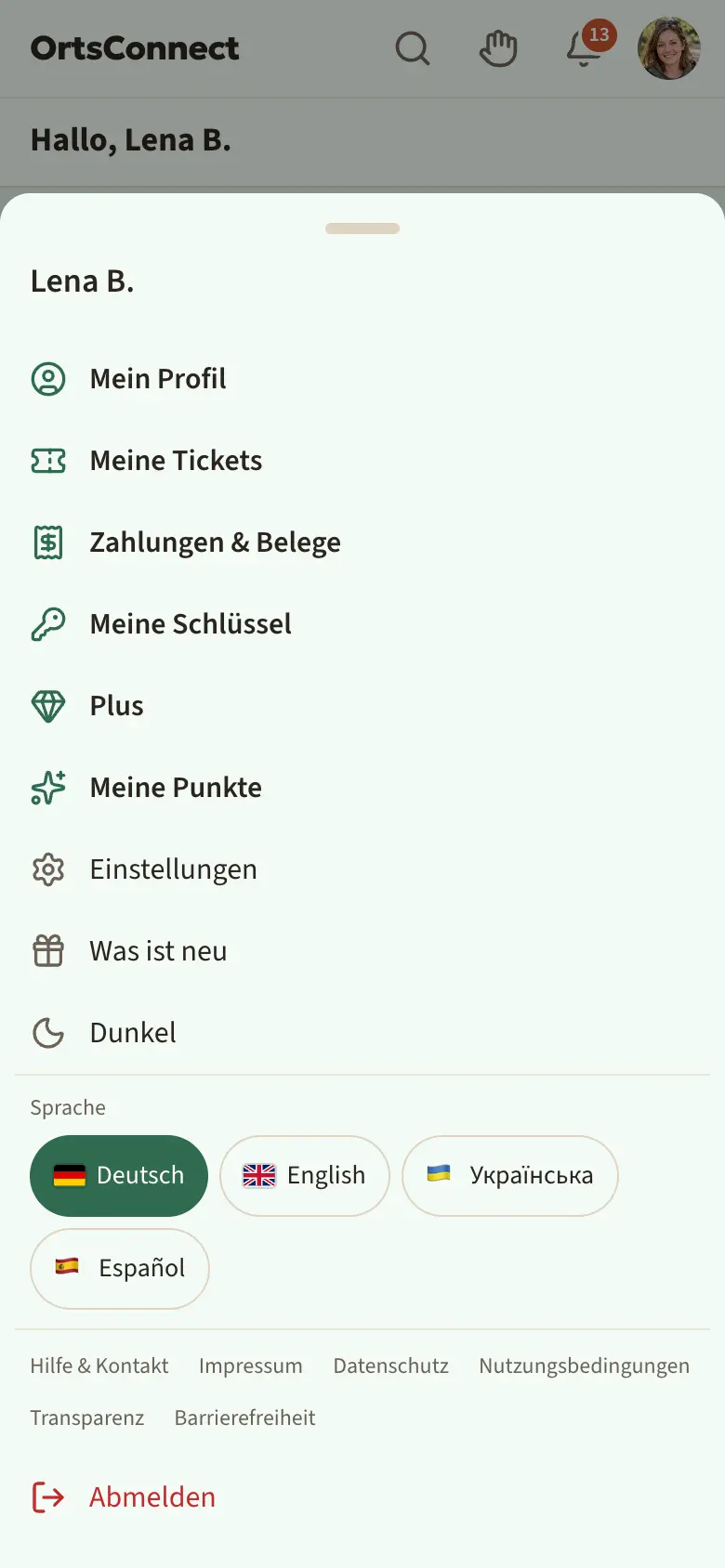 geöffnetes Avatar-Menü mit Namen oben, darunter Mein Profil, Meine Tickets, Zahlungen & Belege, dann Einstellungen, Was ist neu, Dunkel, die Zeile mit den Rechtstexten und Abmelden (rot)