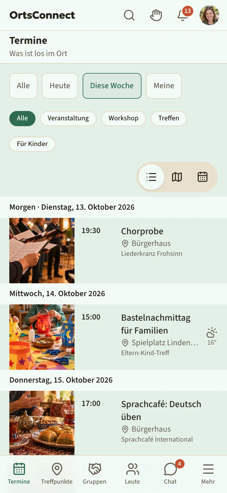 Bereich „Termine“ mit den Auswahlknöpfen Alle, Heute, Diese Woche, Meine; darunter Veranstaltung, Workshop, Treffen, Für Kinder; „Diese Woche“ ist ausgewählt; darunter eine Liste mit Terminen unter der Überschrift „Heute“