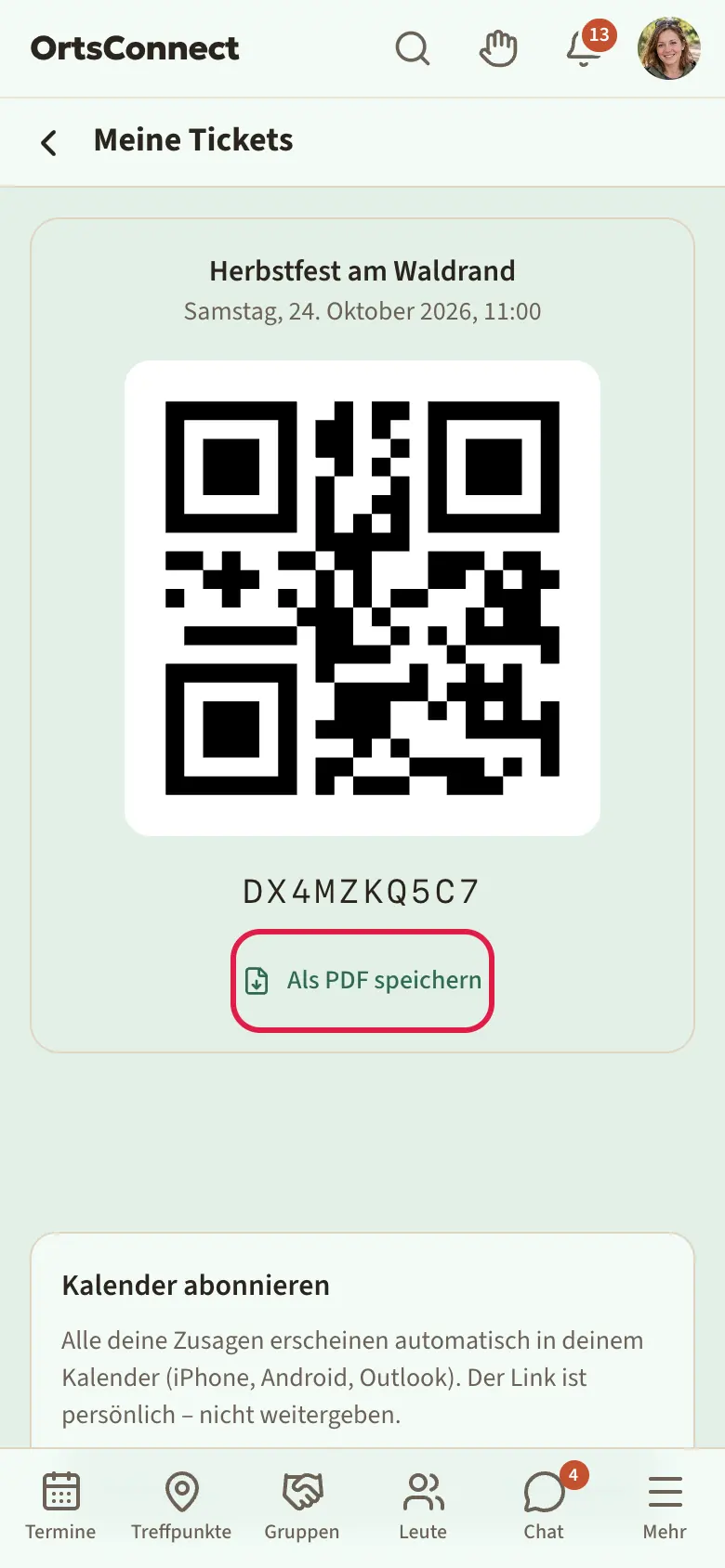 Seite „Meine Tickets“ mit einem Termin, großem QR-Code auf weißem Grund, darunter der Knopf „Als PDF speichern“ markiert