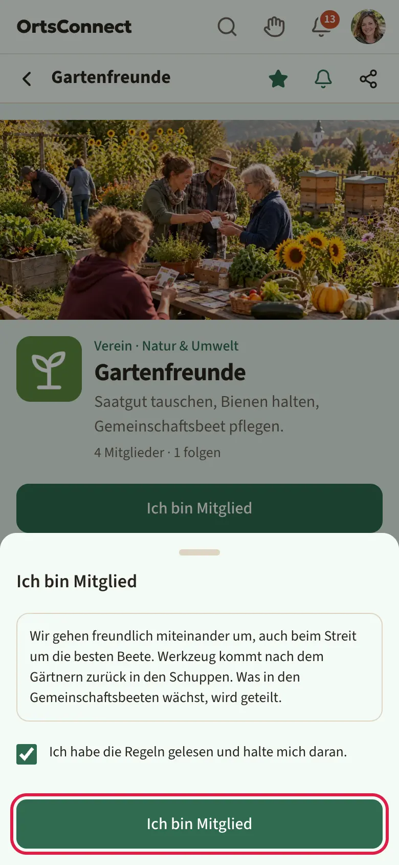 geöffnetes Fenster „Ich bin Mitglied“ mit dem Hinweis „Die Leitung bestätigt das, bevor es in deinem Profil steht.“, den Regeln der Organisation, dem Häkchen „Ich habe die Regeln gelesen und halte mich daran.“ und dem Knopf „Ich bin Mitglied“ markiert