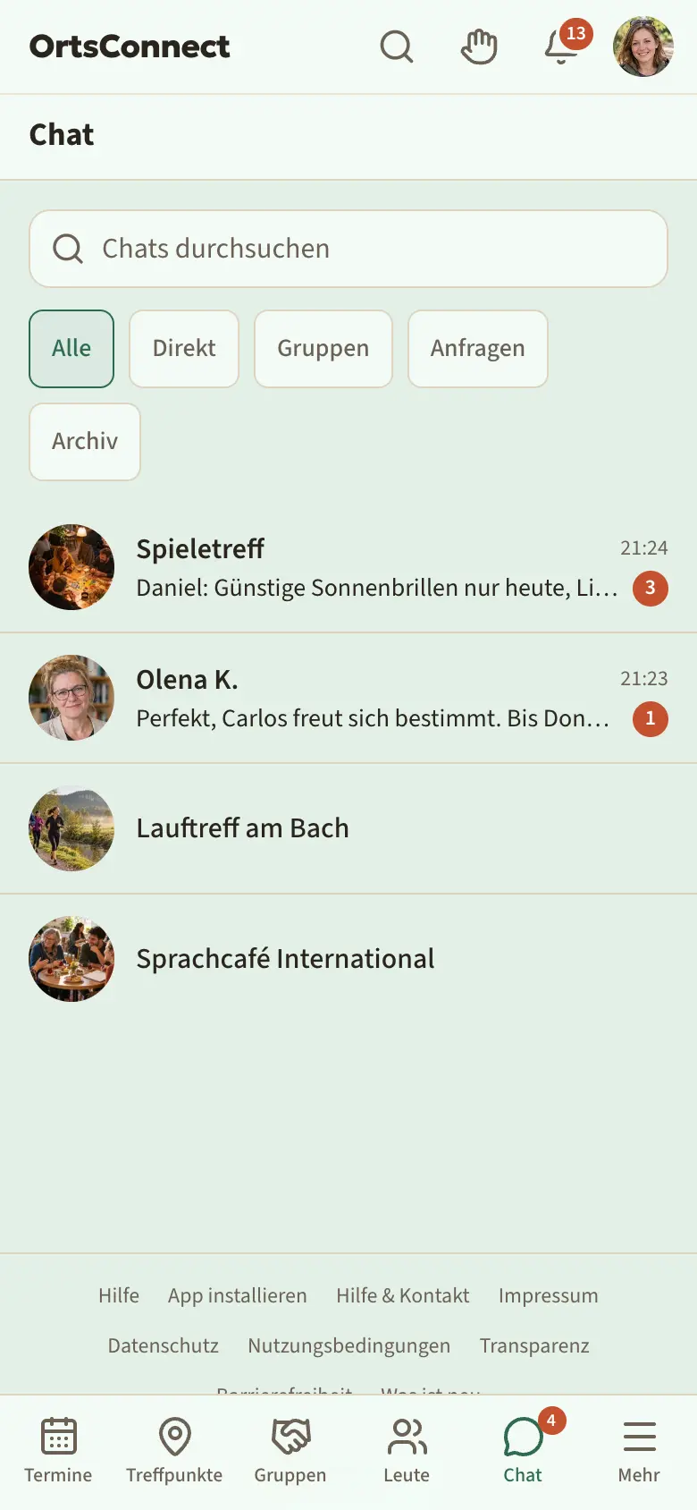 Chat-Übersicht mit den Reitern Alle, Direkt, Gruppen, Anfragen, Archiv, darunter eine Liste mit einem Gruppenchat (Gruppensymbol) und zwei Direktgesprächen, eines mit Zahl 2 für ungelesene Nachrichten