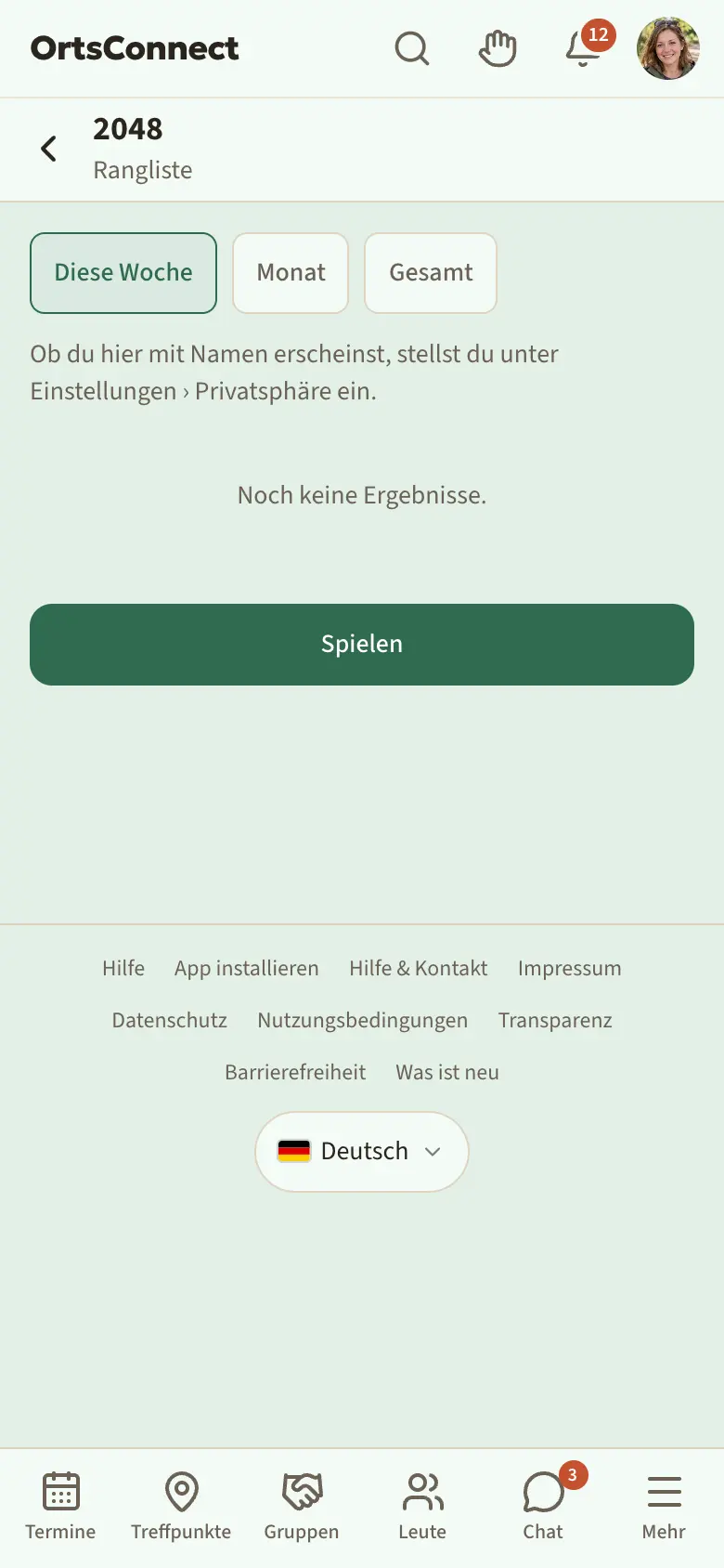 Seite „Rangliste“ eines Spiels mit den Reitern Diese Woche, Monat, Gesamt und einer Liste mit Plätzen, darunter je eine Zeile „Gemeinsam: …“