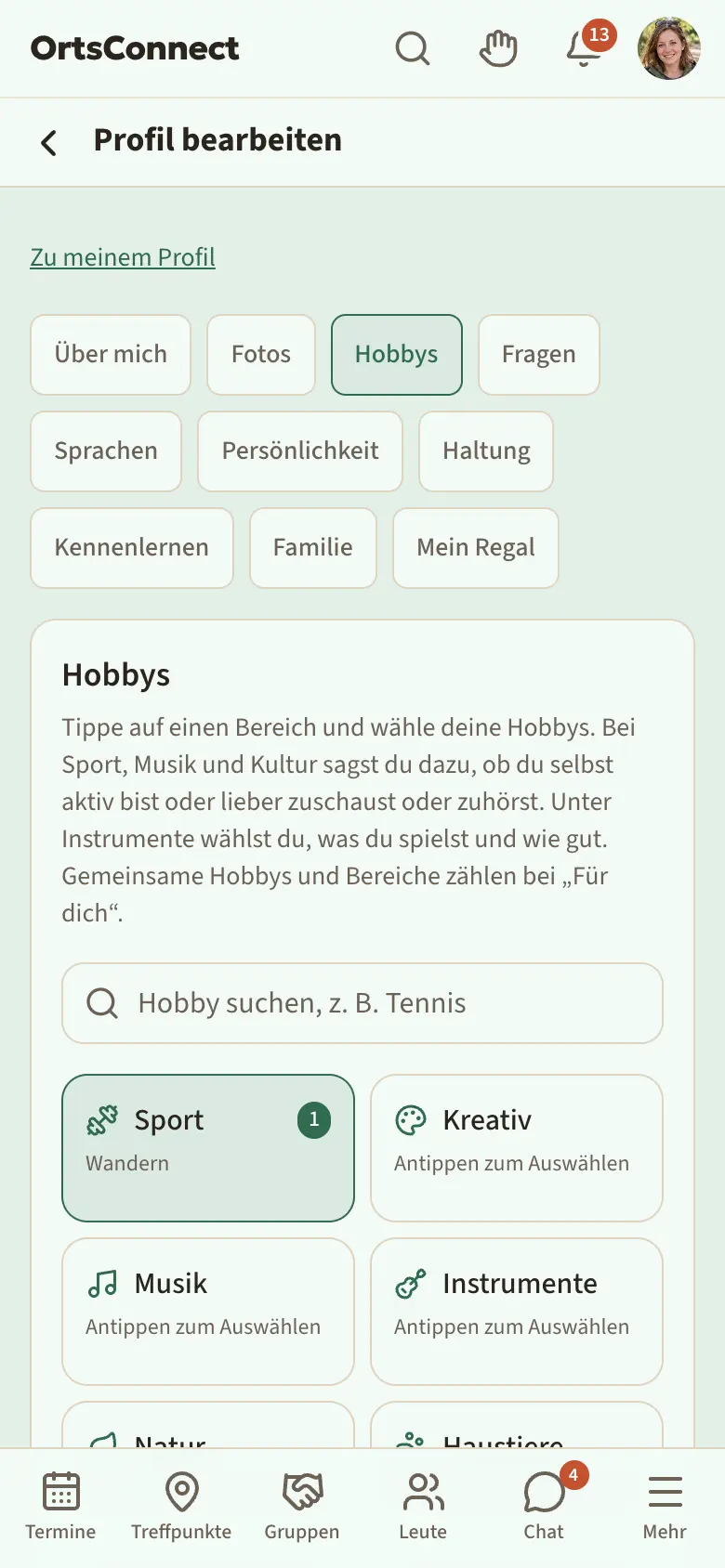 Mein Profil › Profil bearbeiten am Handy: oben die Reiter-Leiste mit Über mich, Fotos, Hobbys, Fragen …; „Hobbys“ ist aktiv und trägt einen farbigen Punkt; unten das Häkchen „In meinem Profil anzeigen“ und darunter, über der Leiste, die klebende Zeile „Nicht gespeichert“ mit dem Knopf „Hobbys speichern“ markiert