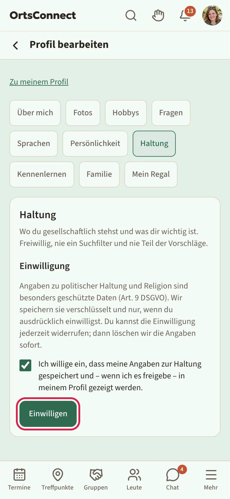 Reiter „Haltung“ vor der Einwilligung: Überschrift „Einwilligung“, Erklärtext zu Art. 9 DSGVO, gesetztes Häkchen „Ich willige ein …“ und der Knopf „Einwilligen“ markiert