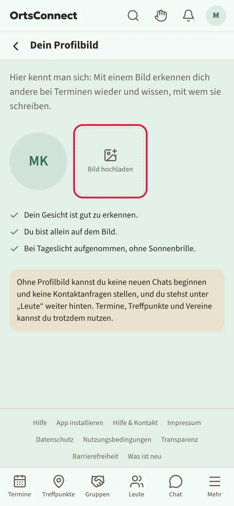 Seite „Dein Profilbild“ mit leerem Bild, Feld „Bild hochladen“ markiert, darunter die drei Tipps und der Hinweis, was ohne Bild nicht geht