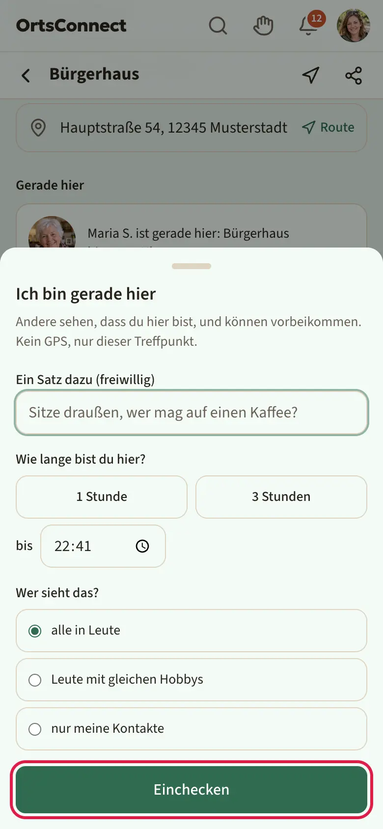 Seite eines Treffpunkts (z. B. eines Cafés) am Handy mit geöffnetem Fenster „Ich bin gerade hier“: Auswahl „1 Stunde“ / „3 Stunden“ und Uhrzeit, Feld „Ein Satz dazu (freiwillig)“, „Wer sieht das?“ und der Knopf „Einchecken“ markiert